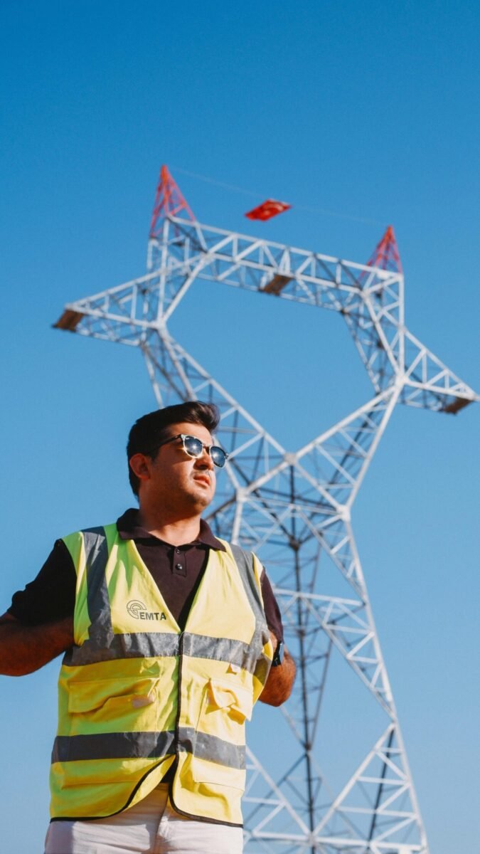 Engineer wearing safety vest inspects towering power lines on a sunny day.