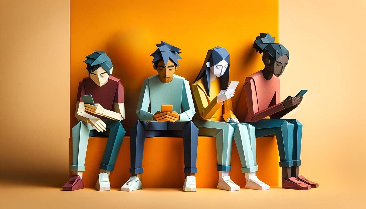 ai generated, group, diverse, mobile phones, origami, style, paper art, folded paper, group of people, modern art, colorful design, yellow background, abstract figures, digital age, social media, connectivity, youth culture, casual clothing, vibrant colors, tiktok, sitting pose, geometric shapes, contemporary style, technology usage, minimalistic design